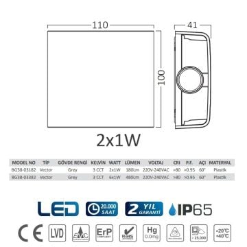 Braytron BG38-03182 2 Watt Çift Yönlü Dış Mekan LED Aplik - 3 Işık Renkli (Beyaz + Ilık Beyaz + Gün Işığı)