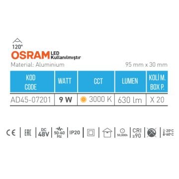 ACK AD45-07201 9 Watt OSRAM LED Magnet Ray Spot - Gün Işığı (3000K)