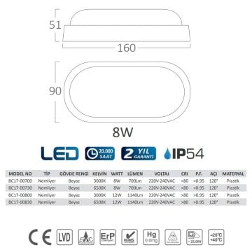Braytron BC17-00700 8 Watt Beyaz Kasa Elips Dış Mekan LED Aplik - Gün Işığı (3000K)