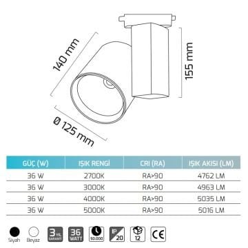 GOYA GY 3625-42 36 Watt Siyah/Beyaz Gövde Dimli LED Ray Spot