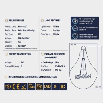 HEKA ERD-1453/2 5 Watt İstanbul Dekoratif LED Rustik Ampul - Amber
