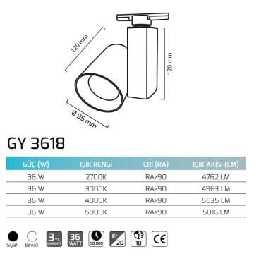 GOYA GY 3618 36 Watt Siyah/Beyaz Gövde Dimli LED Ray Spot
