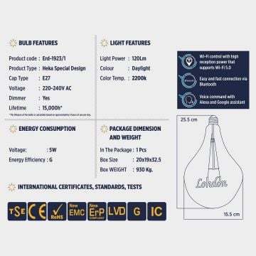 HEKA ERD-1922/1 5 Watt London Dekoratif LED Rustik Ampul - Amber