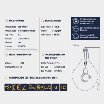 HEKA ERD-1923/1 5 Watt Ay Yıldız Dekoratif LED Rustik Ampul - Amber