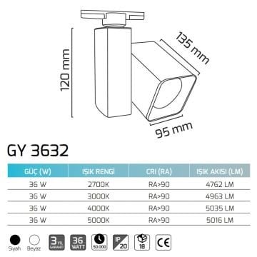 GOYA GY 3632 30 Watt Siyah/Beyaz Gövde Dimli LED Ray Spot