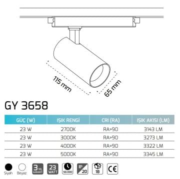 GOYA GY 3658 23 Watt Siyah/Beyaz Gövde Dimli LED Ray Spot