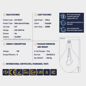 HEKA ERD-2015/8 4 Watt Vav Dekoratif LED Rustik Ampul - Amber