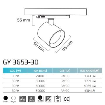 GOYA GY 3653-30 36 Watt Siyah/Beyaz Gövde Dimli LED Ray Spot