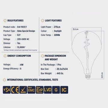 HEKA ERD-72 4 Watt Dekoratif LED Rustik Ampul - Amber
