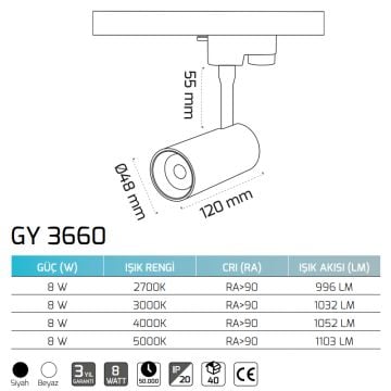 GOYA GY 3660 8 Watt Siyah/Beyaz Gövde LED Ray Spot
