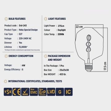 HEKA ERD-21 4 Watt Dekoratif LED Rustik Ampul - Amber