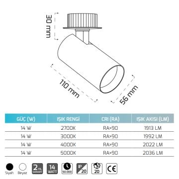 GOYA GY 3644 SÜR 14 Watt Siyah/Beyaz Sıva Üstü Hareketli LED Spot