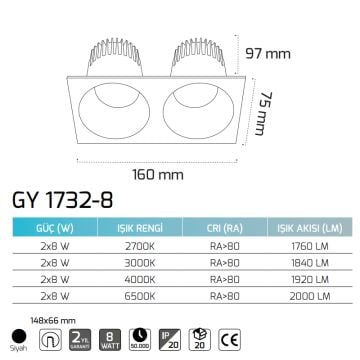 GOYA GY 1732-8 2x8 Watt Siyah Sıva Altı Dimli LED Spot