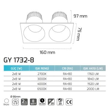 GOYA GY 1732-8 2x8 Watt Beyaz Sıva Altı Dimli LED Spot