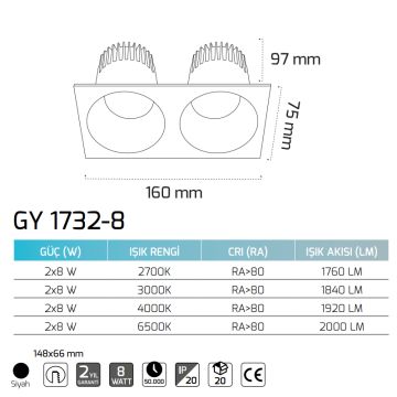 GOYA GY 1732-14 2x14 Watt Siyah Sıva Altı İkili LED Spot