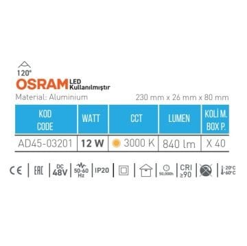 ACK AD45-03201 12 Watt 23 cm OSRAM LED Magnet Armatür - Gün Işığı (3000K)