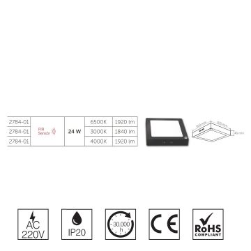 inoled 2784-03 24 Watt Siyah Kasa Sensörlü Sıva Üstü Kare LED Panel - Ilık Beyaz (4000K)
