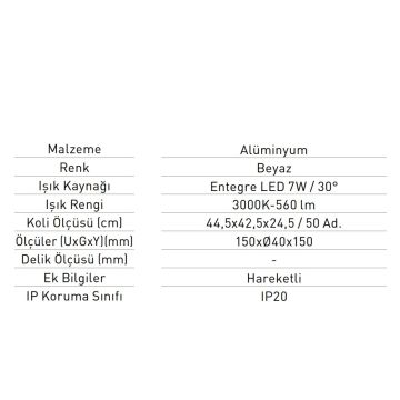 JUPITER LR659 B 7 Watt Beyaz Gövde LED Ray Spot - Gün Işığı (3000K)