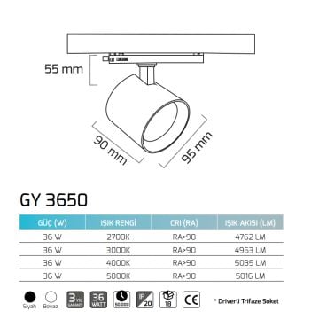 GOYA GY 3650 Siyah/Beyaz Kasa 14 Watt Trifaze Ray Spot
