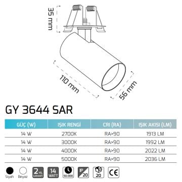 GOYA GY 3644 SAR 14 Watt Siyah/Beyaz Gövde Sıva Altı Hareketli LED Spot (Dimli)