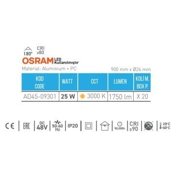 ACK AD45-09301 25 Watt 90 cm OSRAM LED Magnet Armatür - Gün Işığı (3000K)