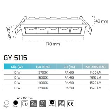 GOYA GY 5115 14 Watt Dimli Siyah/Beyaz Gövde Sıva Altı Hareketli LED Spot