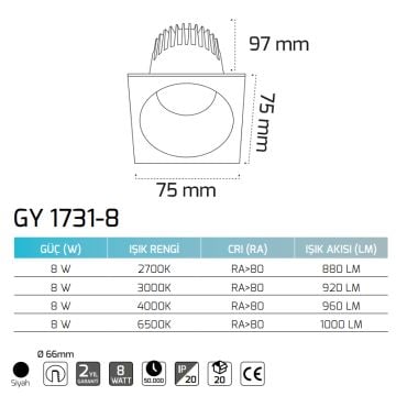 GOYA GY 1731-8 8 Watt Siyah Sıva Altı Kare Dimli LED Spot