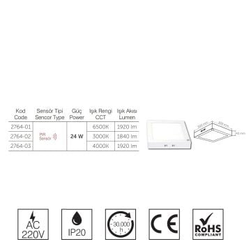 inoled 2764-01 24 Watt Sensörlü Sıva Üstü Kare LED Panel - Beyaz Işık (6500K)
