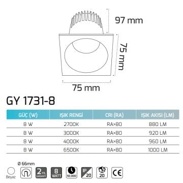 GOYA GY 1731-8-B 8 Watt Beyaz Sıva Altı Kare Dimli LED Spot