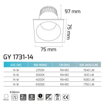 GOYA GY 1731-14-B 8 Watt Beyaz Sıva Altı Kare Dimli LED Spot