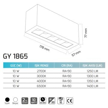 GOYA GY 1865 10 Watt Beyaz/Siyah Gövde Sıva Altı Dimli LED Spot