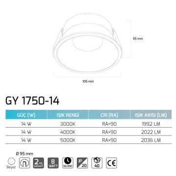 GOYA GY 1750-14 14 Watt Beyaz Sıva Altı Dimli LED Spot