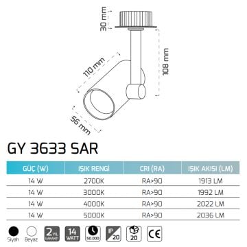 GOYA GY 3633 SAR 14 Watt Siyah/Beyaz Gövde Sıva Altı Hareketli LED Spot
