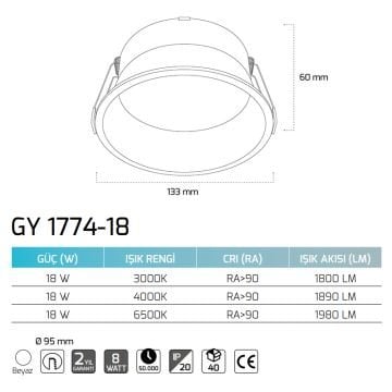 GOYA GY 1774-14 14 Watt Beyaz Sıva Altı Dimli LED Spot