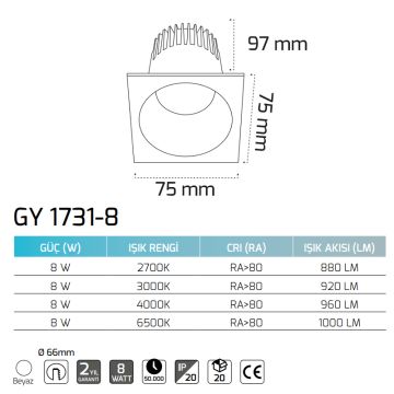 GOYA GY 1731-8 8 Watt Beyaz Sıva Altı Kare LED Spot