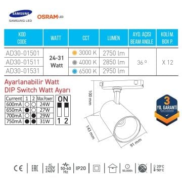 ACK AD30-01501 24-31 Watt Siyah Gövde OSRAM LED Ray Spot - Gün Işığı (3000K)