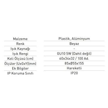 JUPITER JK650 B Beyaz Ray Spot Kasası (GU10 Duylu)