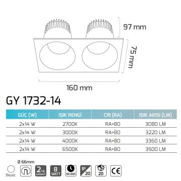 GOYA GY 1732-14 2x14 Watt Beyaz Sıva Altı İkili LED Spot