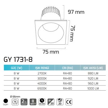 GOYA GY 1731-8 8 Watt Siyah Sıva Altı Kare LED Spot