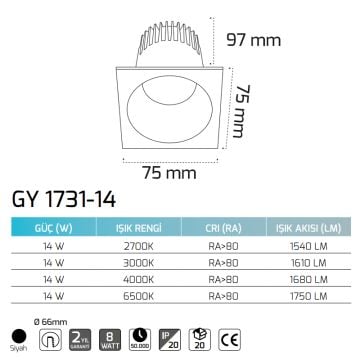 GOYA GY 1731-14 14 Watt Siyah Sıva Altı Kare LED Spot