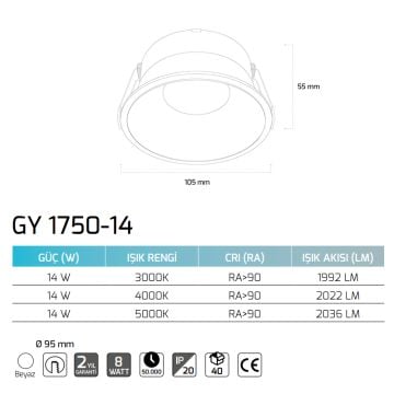 GOYA GY 1750-14 14 Watt Beyaz Sıva Altı Yuvarlak LED Spot