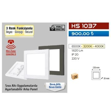 HELIOS HS 1037 Siyah Kasa 18 Watt Sensörlü Sıva Altı/Sıva Üstü Kare LED Panel - 3 Işık Renkli (Beyaz + Ilık Beyaz + Gün Işığı)