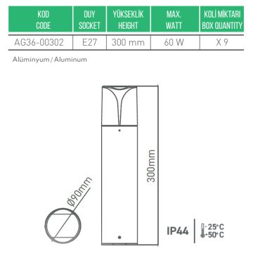 ACK AG36-00302 Selge 30 cm Bollard Armatür - Metal - E27 Duylu