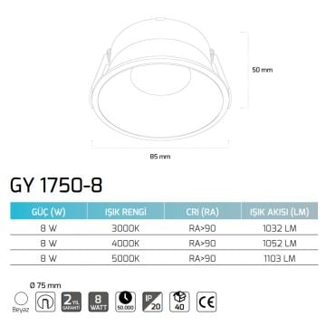 GOYA GY 1750-8 8 Watt Beyaz Sıva Altı Yuvarlak LED Spot
