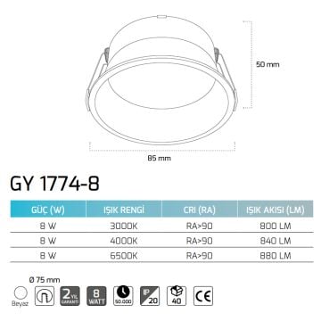 GOYA GY 1774-8 8 Watt Beyaz Sıva Altı Yuvarlak LED Spot
