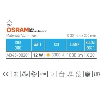 ACK AD45-08201 12 Watt OSRAM LED Magnet Spot - Gün Işığı (3000K)