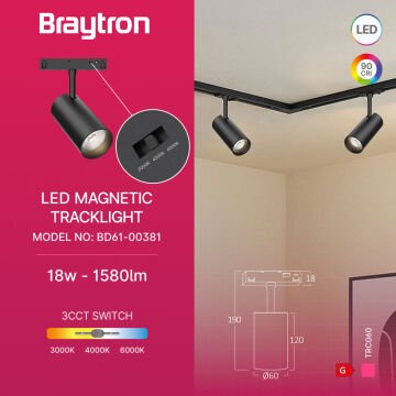 Braytron BD61-00381 18 Watt LED Magnet Ray Spot - 3 Işık Renkli (Beyaz + Ilık Beyaz + Gün Işığı)