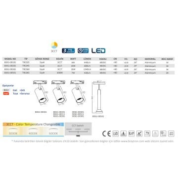 Braytron BD61-00381 18 Watt LED Magnet Ray Spot - 3 Işık Renkli (Beyaz + Ilık Beyaz + Gün Işığı)
