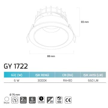 GOYA GY 1722 6 Watt Beyaz-Siyah Sıva Altı Yuvarlak LED Spot - Gün Işığı (3000K)
