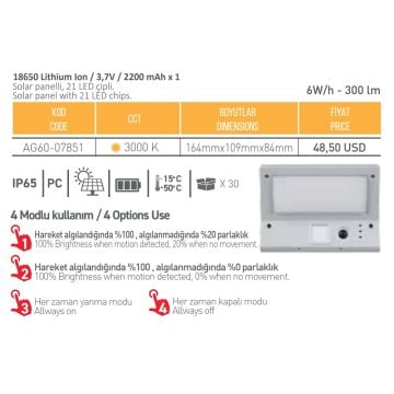 ACK AG60-07851 6 Watt Tek Yönlü Solar Aplik - Gün Işığı (3000K)